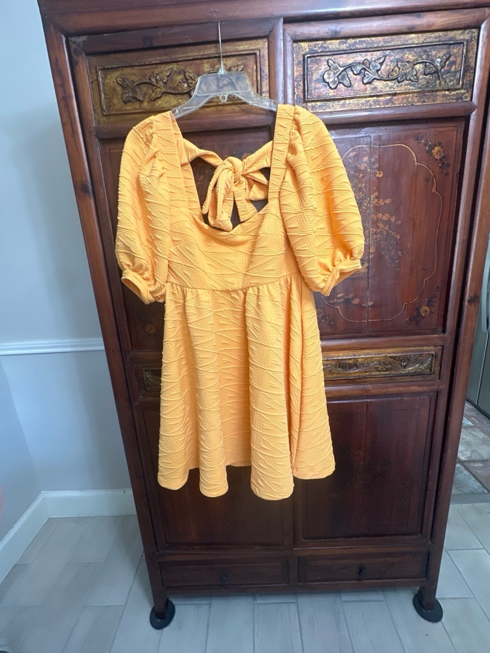 Free People Yellow Textured Puff Sleeve Back-Tie Mini Dress W/ Pockets